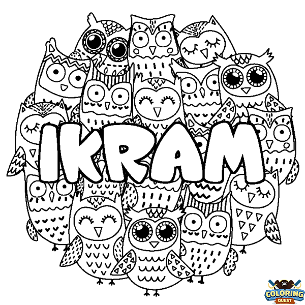 Coloring page first name IKRAM - Owls background