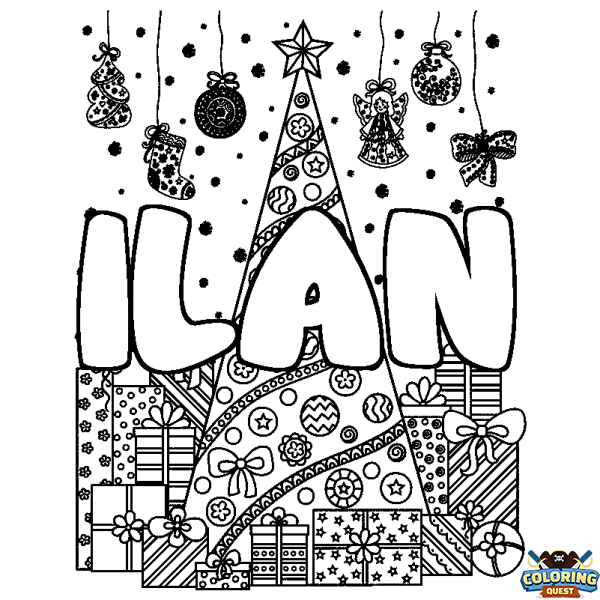 Coloring page first name ILAN - Christmas tree and presents background