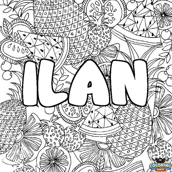 Coloring page first name ILAN - Fruits mandala background