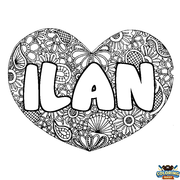 Coloring page first name ILAN - Heart mandala background