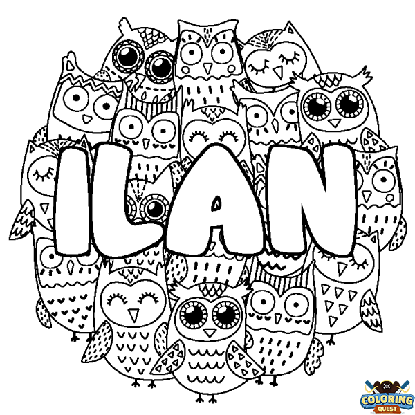 Coloring page first name ILAN - Owls background