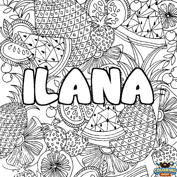 Coloring page first name ILANA - Fruits mandala background