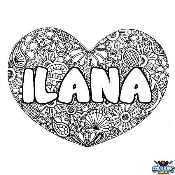 Coloring page first name ILANA - Heart mandala background