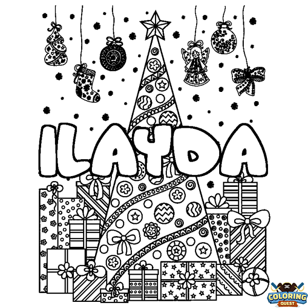 Coloring page first name ILAYDA - Christmas tree and presents background