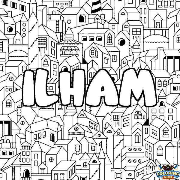 Coloring page first name ILHAM - City background