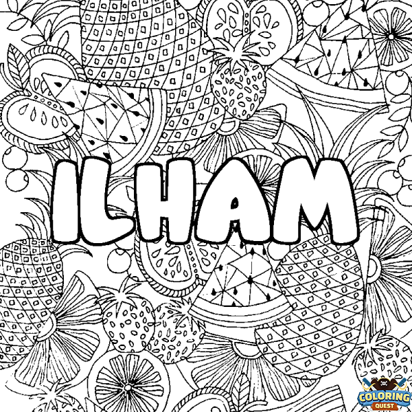 Coloring page first name ILHAM - Fruits mandala background