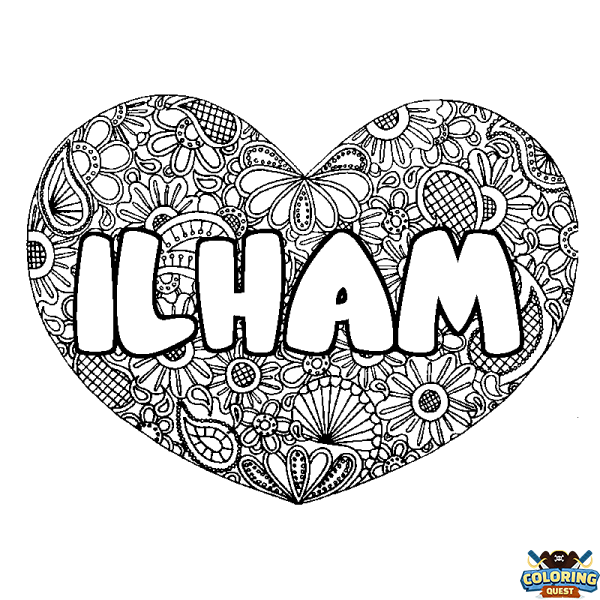 Coloring page first name ILHAM - Heart mandala background