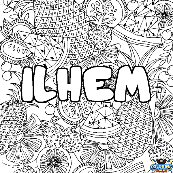 Coloring page first name ILHEM - Fruits mandala background