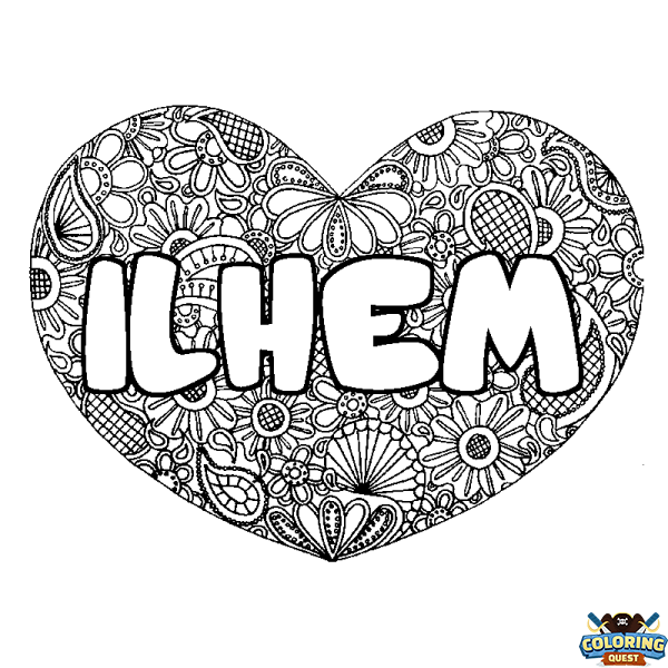 Coloring page first name ILHEM - Heart mandala background