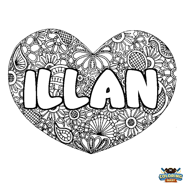 Coloring page first name ILLAN - Heart mandala background