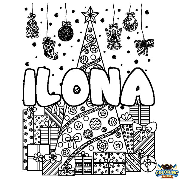 Coloring page first name ILONA - Christmas tree and presents background