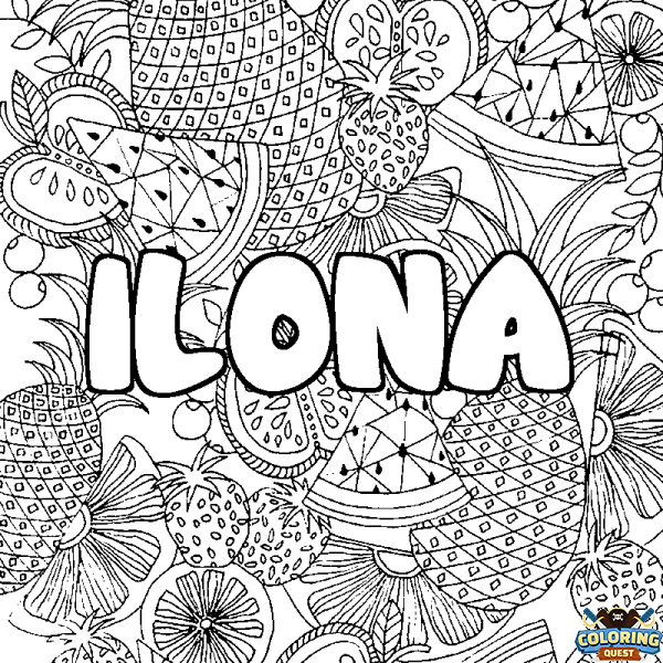 Coloring page first name ILONA - Fruits mandala background