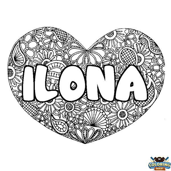 Coloring page first name ILONA - Heart mandala background