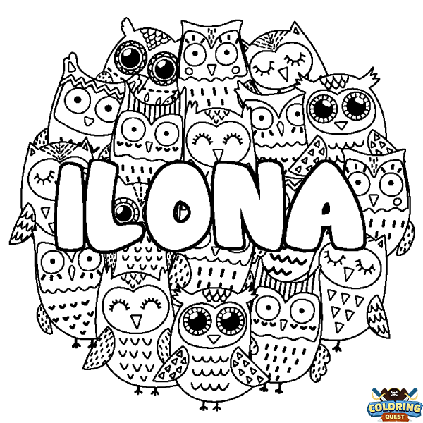 Coloring page first name ILONA - Owls background