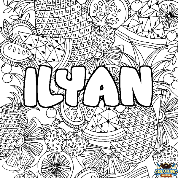 Coloring page first name ILYAN - Fruits mandala background