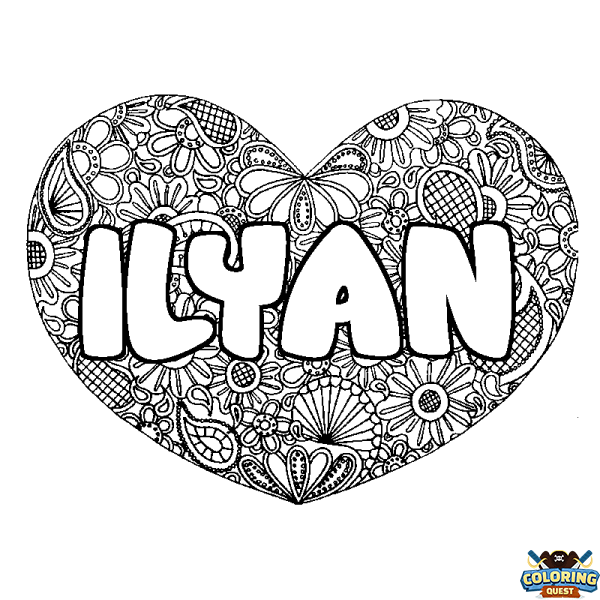 Coloring page first name ILYAN - Heart mandala background