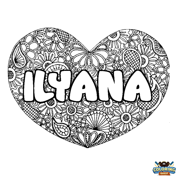 Coloring page first name ILYANA - Heart mandala background