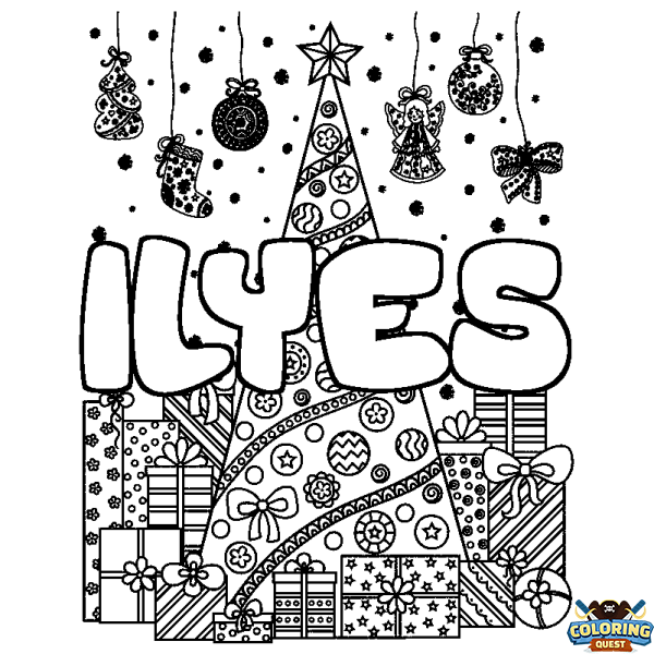 Coloring page first name ILYES - Christmas tree and presents background