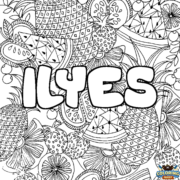 Coloring page first name ILYES - Fruits mandala background