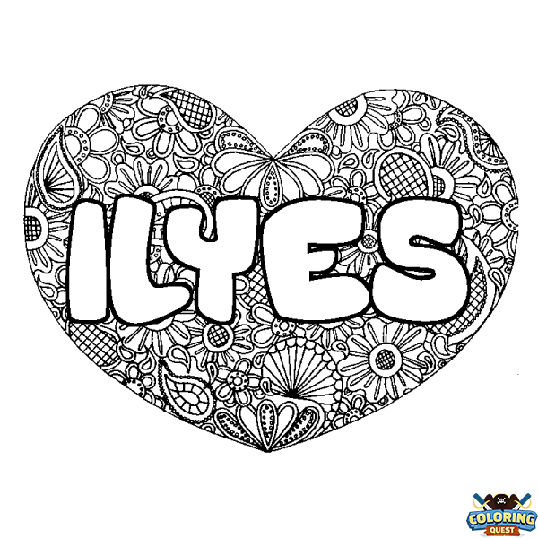 Coloring page first name ILYES - Heart mandala background