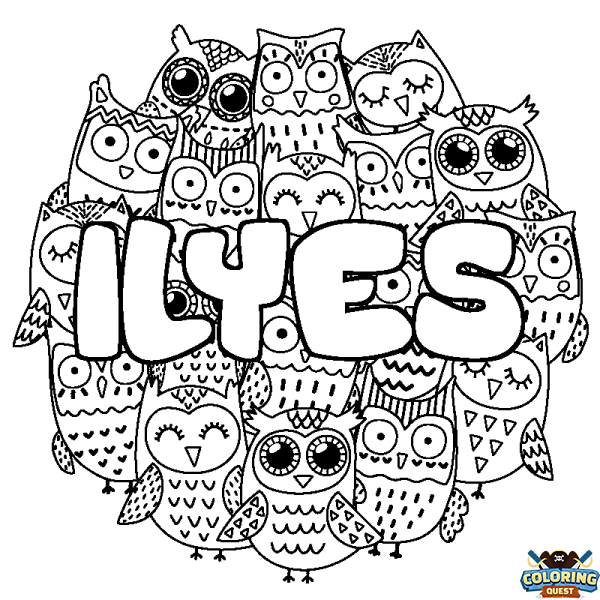 Coloring page first name ILYES - Owls background