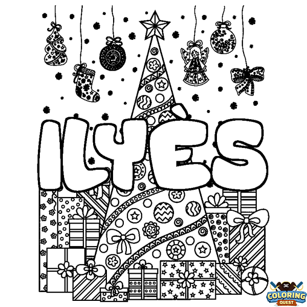 Coloring page first name ILY&Egrave;S - Christmas tree and presents background