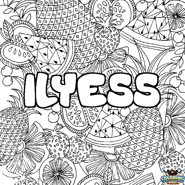 Coloring page first name ILYESS - Fruits mandala background