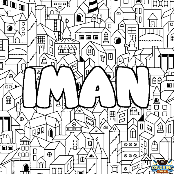 Coloring page first name IMAN - City background