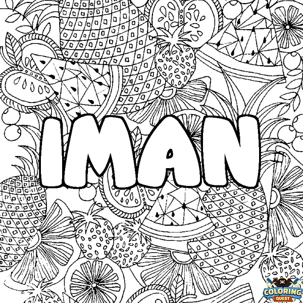 Coloring page first name IMAN - Fruits mandala background