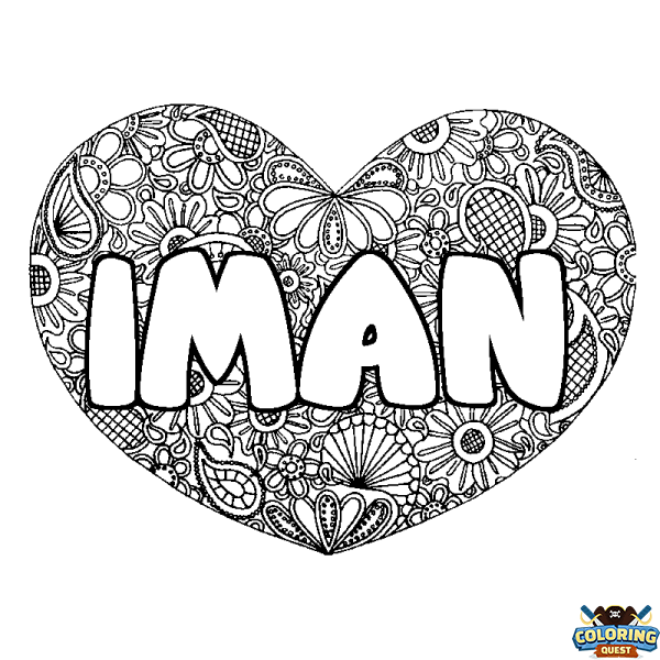 Coloring page first name IMAN - Heart mandala background