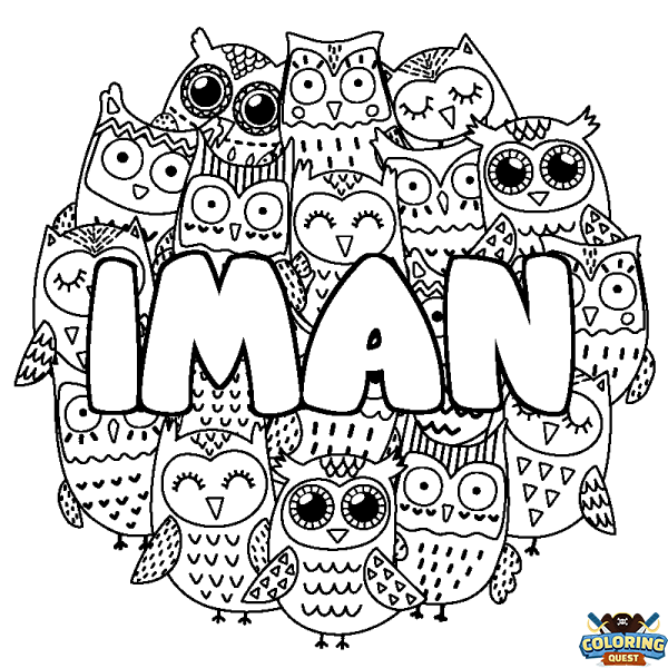 Coloring page first name IMAN - Owls background