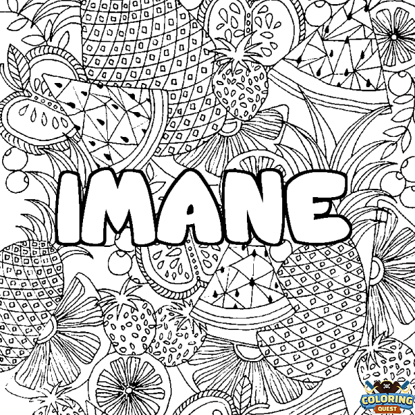 Coloring page first name IMANE - Fruits mandala background