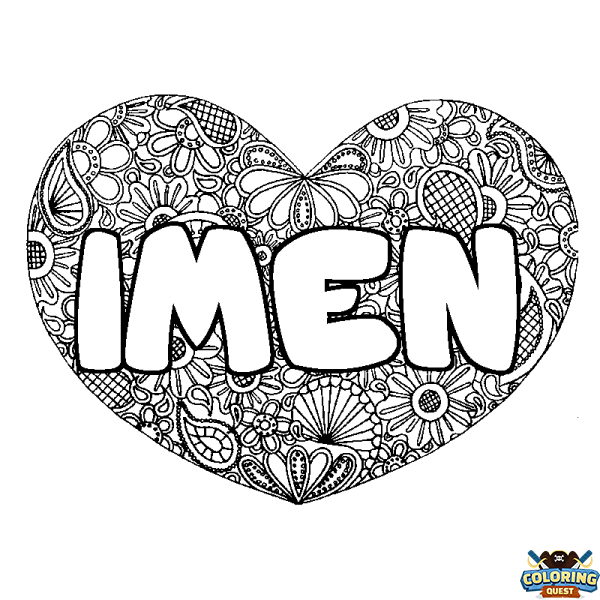 Coloring page first name IMEN - Heart mandala background
