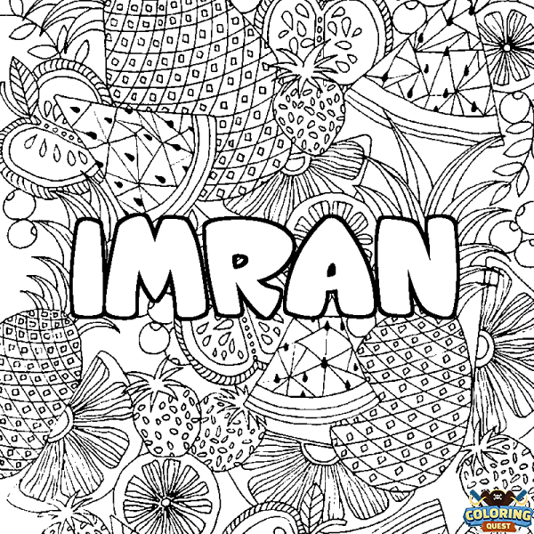 Coloring page first name IMRAN - Fruits mandala background