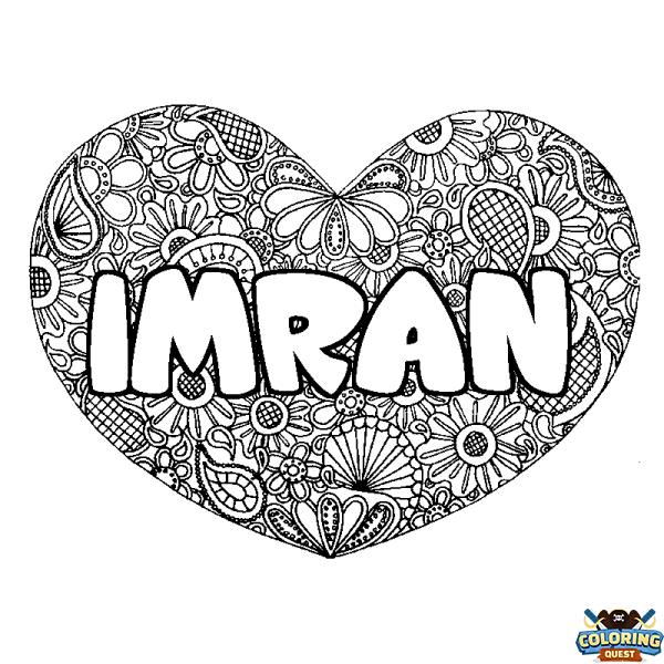 Coloring page first name IMRAN - Heart mandala background