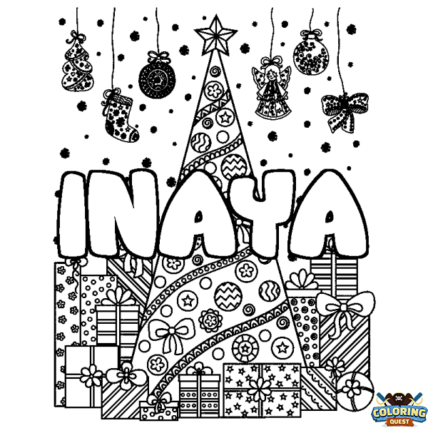 Coloring page first name INAYA - Christmas tree and presents background