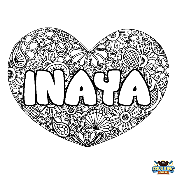 Coloring page first name INAYA - Heart mandala background