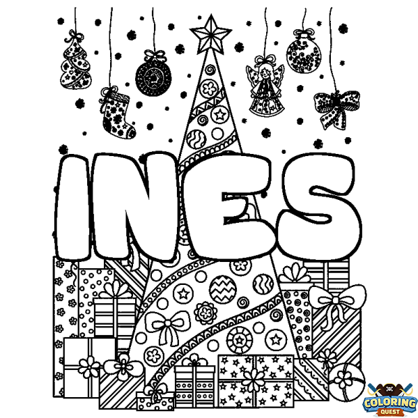 Coloring page first name INES - Christmas tree and presents background