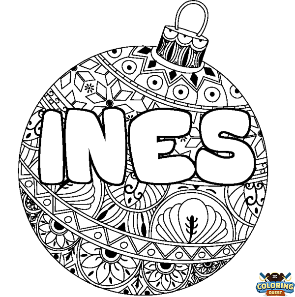 Coloring page first name INES - Christmas tree bulb background