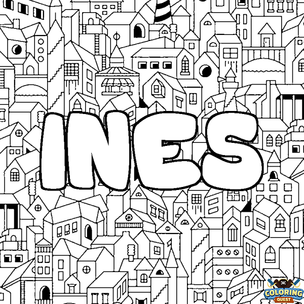 Coloring page first name INES - City background