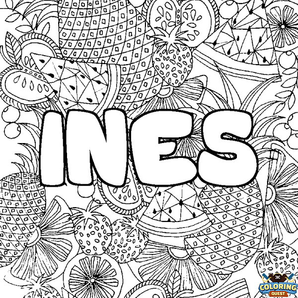 Coloring page first name INES - Fruits mandala background