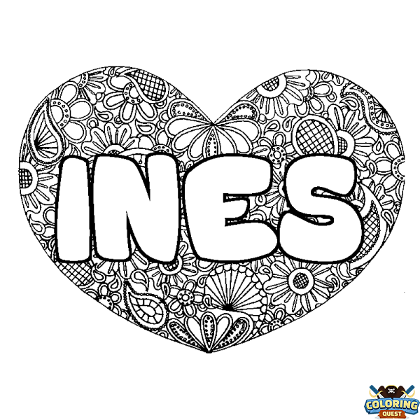 Coloring page first name INES - Heart mandala background