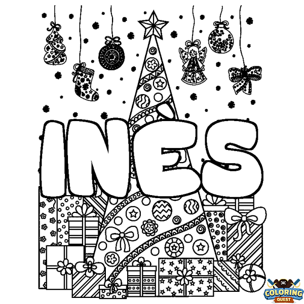 Coloring page first name IN&Egrave;S - Christmas tree and presents background