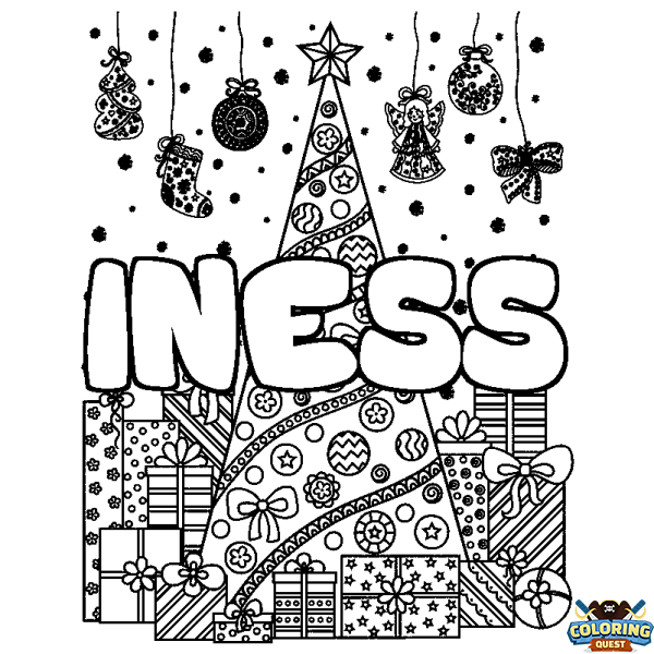 Coloring page first name INESS - Christmas tree and presents background