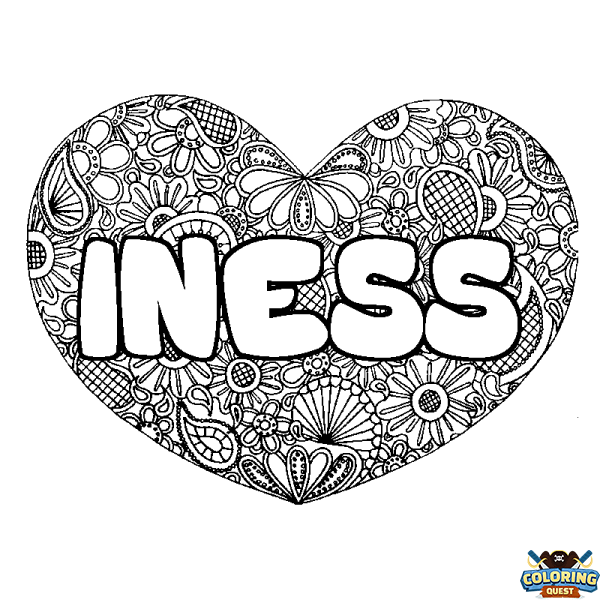 Coloring page first name INESS - Heart mandala background