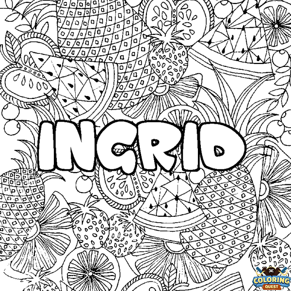 Coloring page first name INGRID - Fruits mandala background