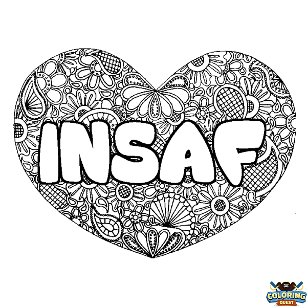 Coloring page first name INSAF - Heart mandala background