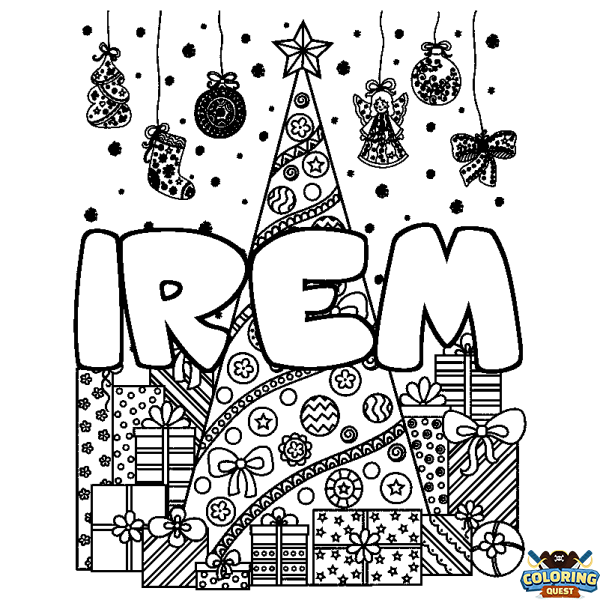 Coloring page first name IREM - Christmas tree and presents background