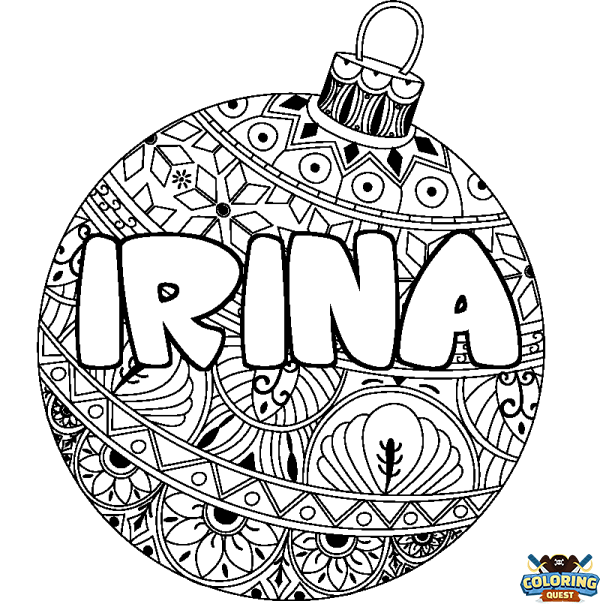 Coloring page first name IRINA - Christmas tree bulb background