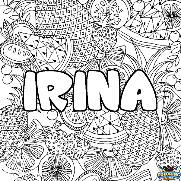 Coloring page first name IRINA - Fruits mandala background